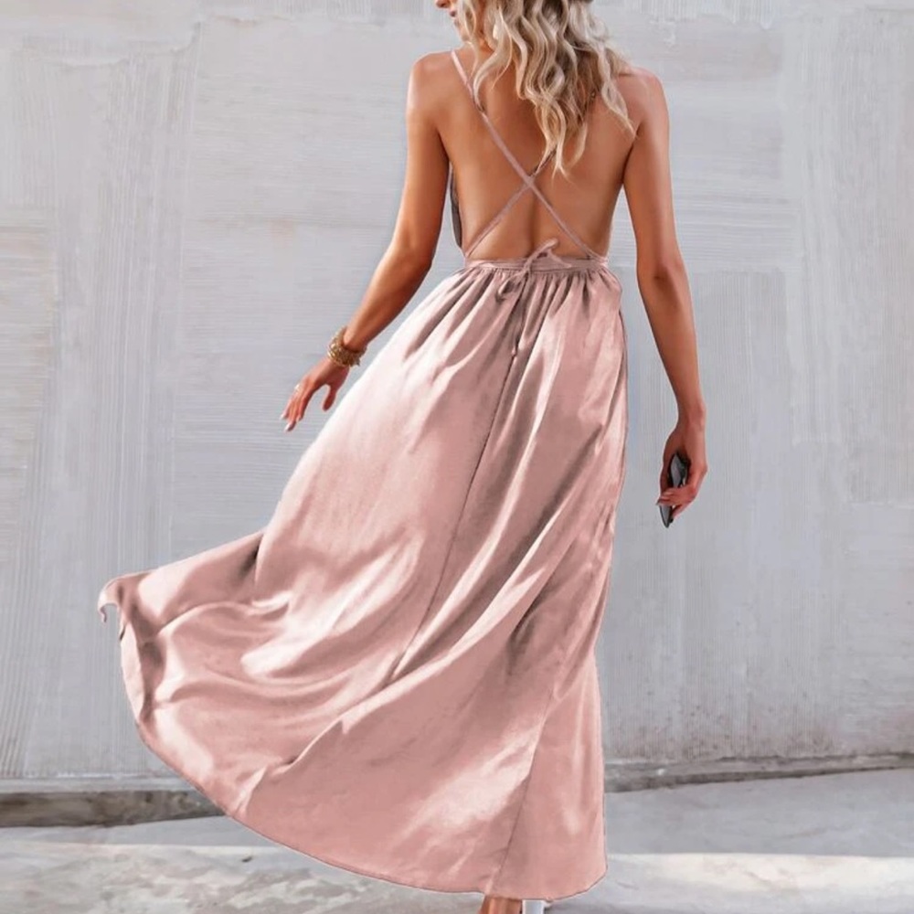 Satin v neck cami strap criss cross backless maxi dress thigh slit dark green - Picture 6 of 16